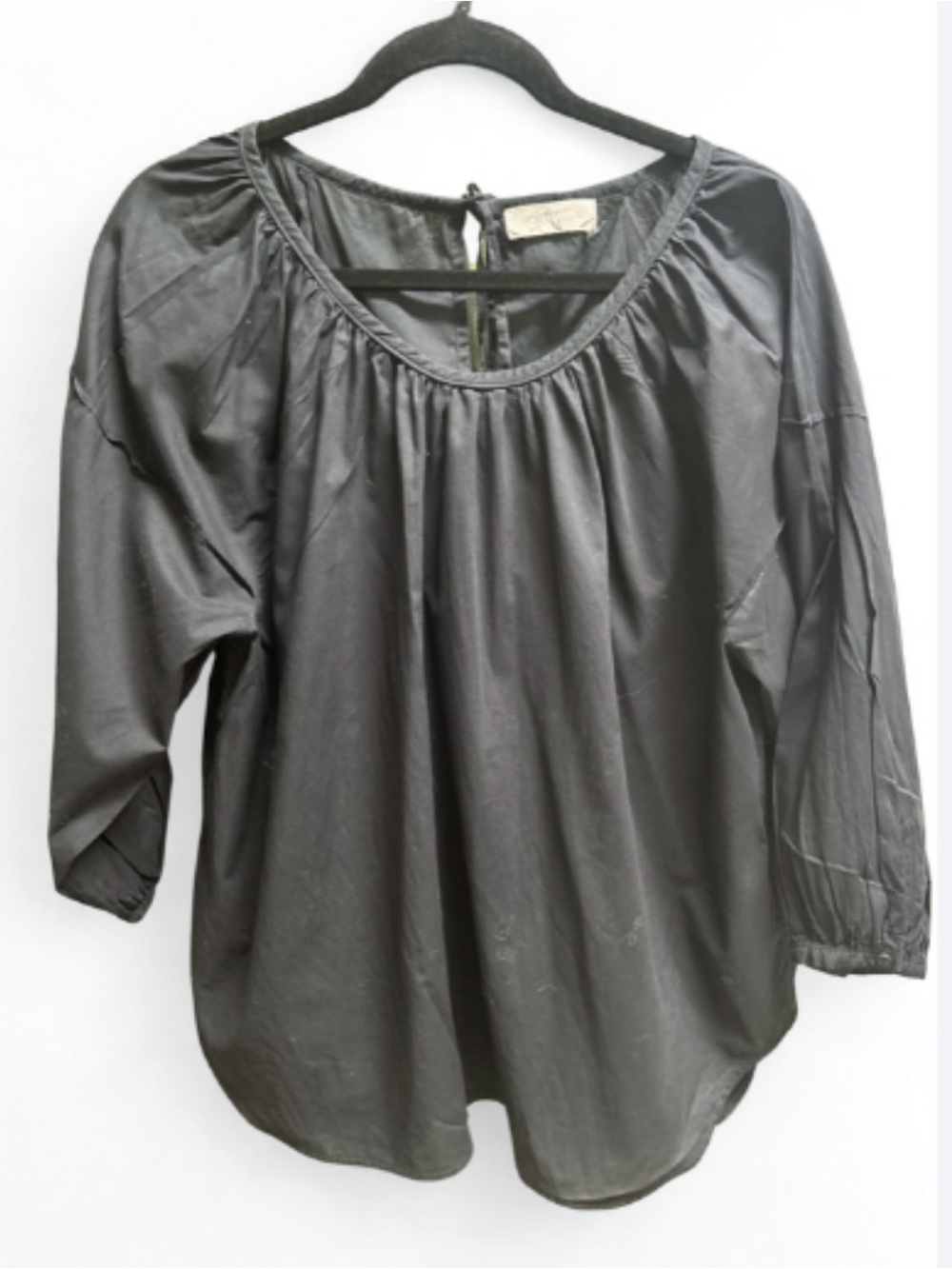 Everlane Black Air Ruched Blouse Cotton 3/4 Sleeve Size 8 EUC